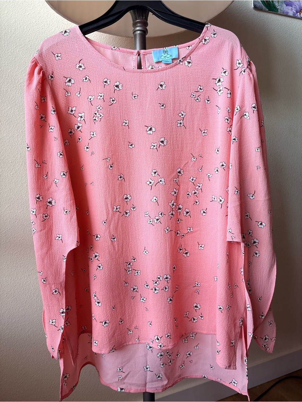 CeCe Pink Ditsy Floral Split Sleeve High-Low Blouse Top